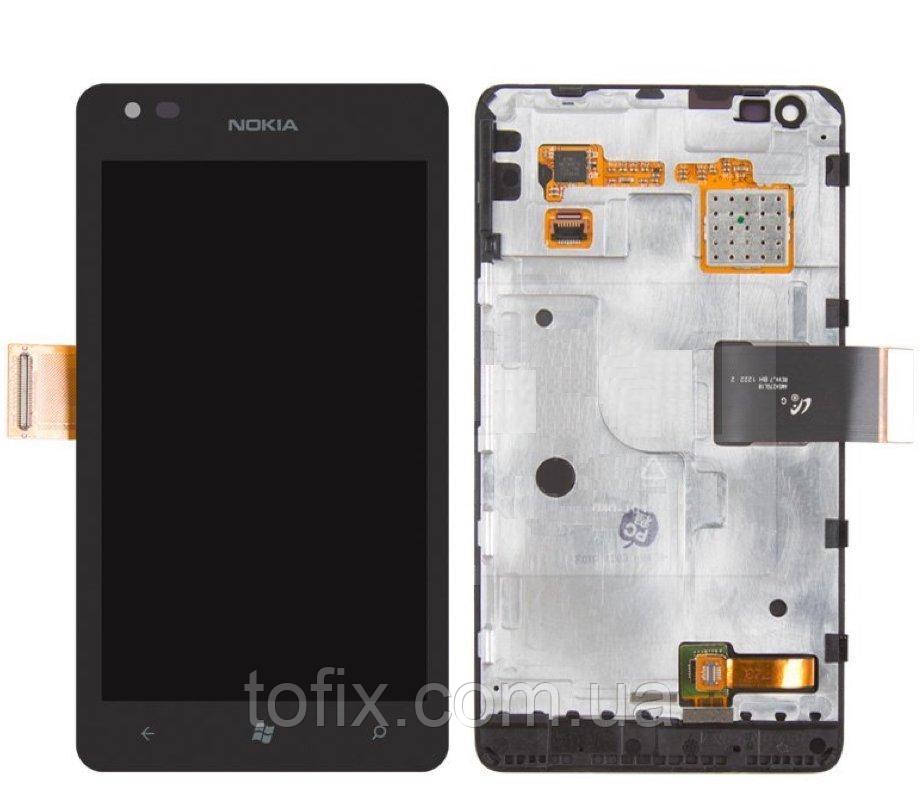 Дисплей для Nokia Lumia 900, модуль в зборі (екран і сенсор), з рамкою, чорний, оригінал