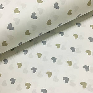 Тканина поплін сердечка сіро-бежеві на білому (ТУРЦІЯ шир. 2,4 м) №32-188