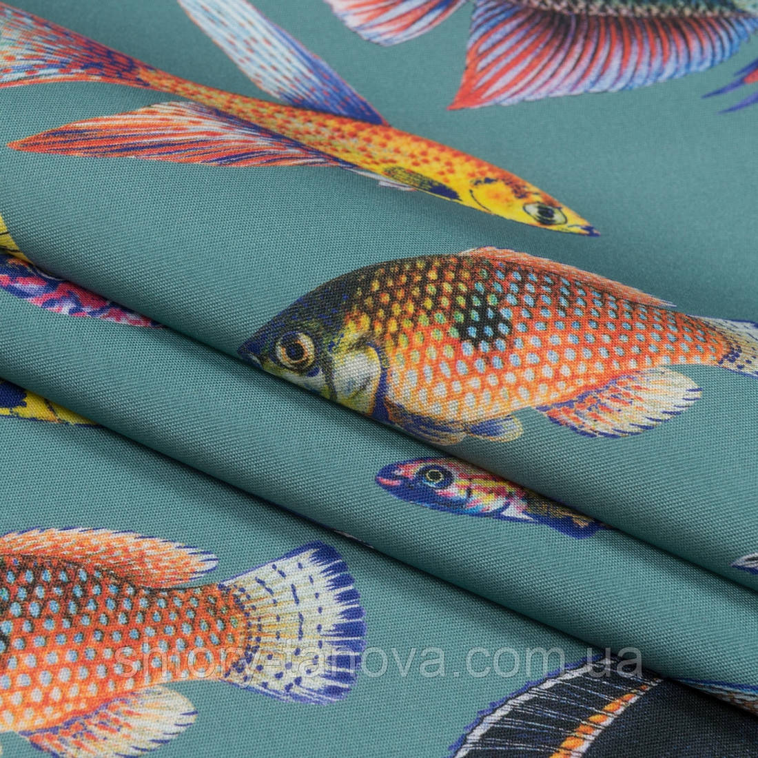 Дралон принт вардо/vardo фон сіро-блакитний,кольорові рибки, фото 1