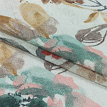 Тюль рогожка з обважнювачем фер/ pher квіти корал,ялина блакитна