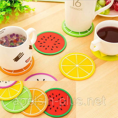 Силіконова підставка під чашки Фруктове асорті набір із 4 штук 8,5 см, фото 1
