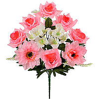 Букет комбинированный роз, герани и гербер, 54см (10 шт. в уп)