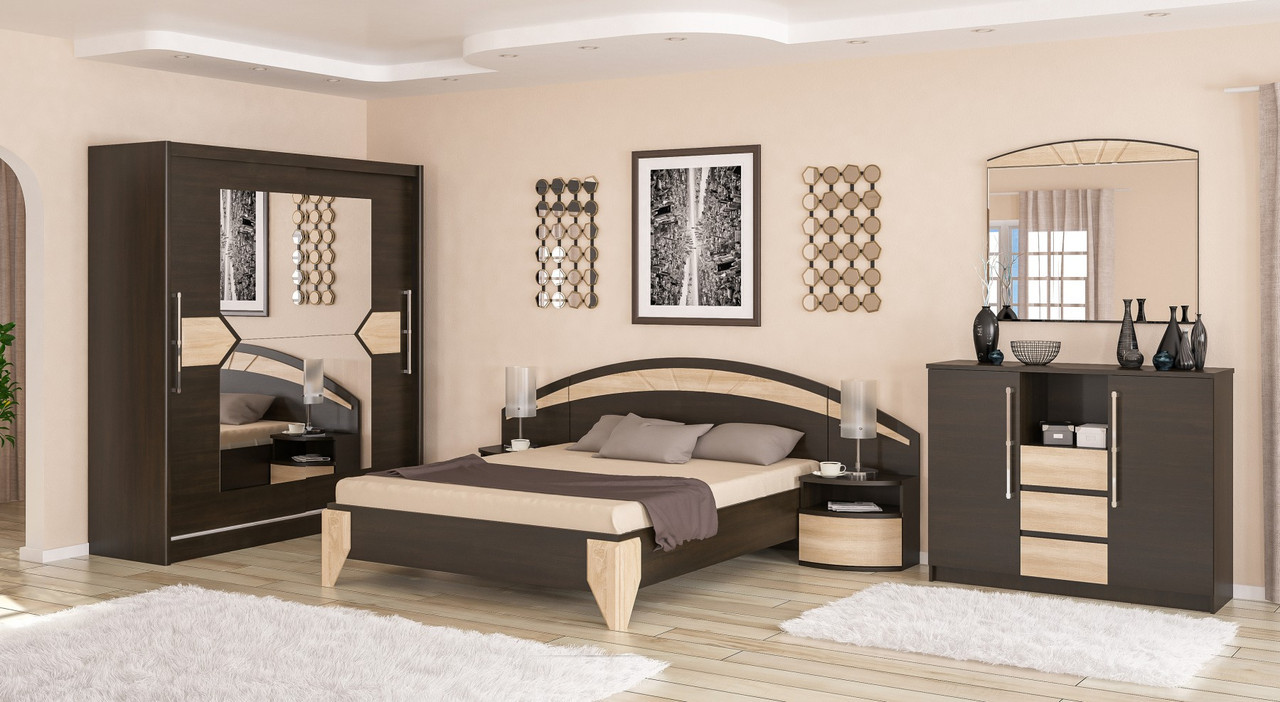 Комплект сучасних модульних меблів в спальню з шафою купе комодом ліжком тумбами та дзеркалом спальний гарнітур Аляска, фото 1