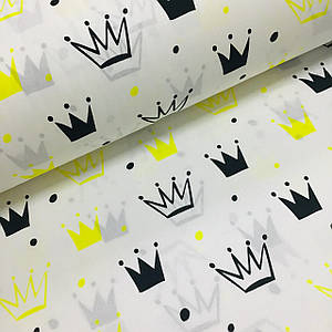 Тканина польська бавовняна, яскраво-жовті та чорні корони на білому