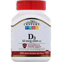 Витамин Д3, 21st Century Health Care, 2000 МЕ, 250 капсул