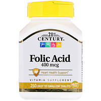 Фолиевая кислота, 400 мкг, 250 таблеток, 21st Century Health Care, Folic Acid