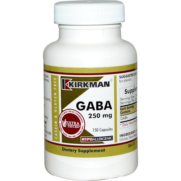 Гамма-аминомаслянная кислота, ГАБА, Gaba, Kirkman, 250 мг, 150 капсул - фото 3 - id-p273799543