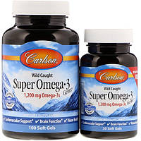 Супер Омега·3 Концентрированный рыбий жир Carlson Labs, 1200 мг, 100 + 30 капсул