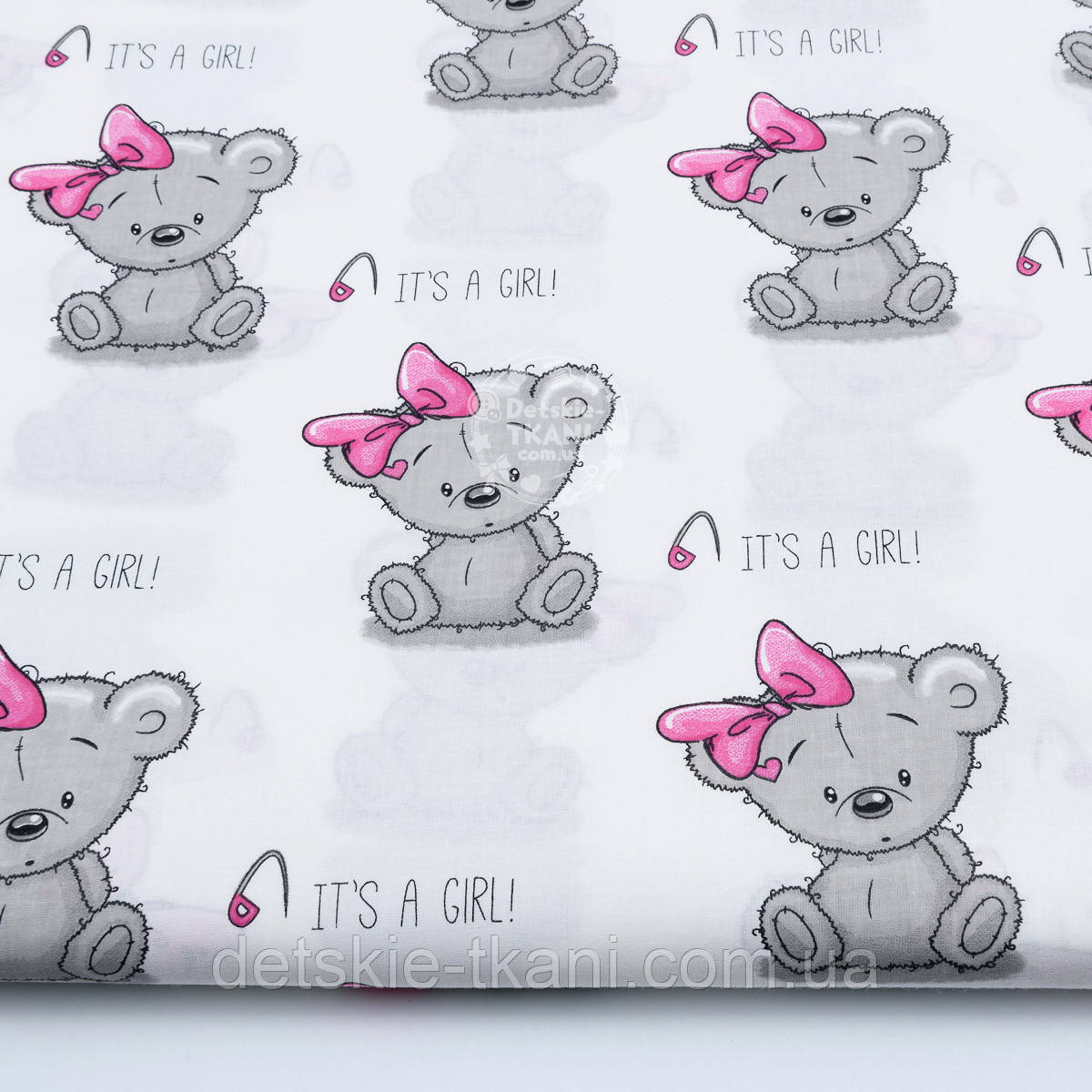 Бязь "Ведмедики Girl з малиновим бантиком" на білому фоні, №1828