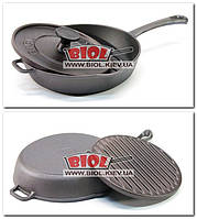Сковорода гриль чавунна 24х5,5 см із литою ручкою й чавунним притискачем 21,5 см 2 кг Біол 1124-1