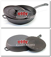 Сковорода-гриль чавунна 26х5,5 см із литою ручкою й чавунним притискачем 21,5 см 2 кг Біол 1126-1