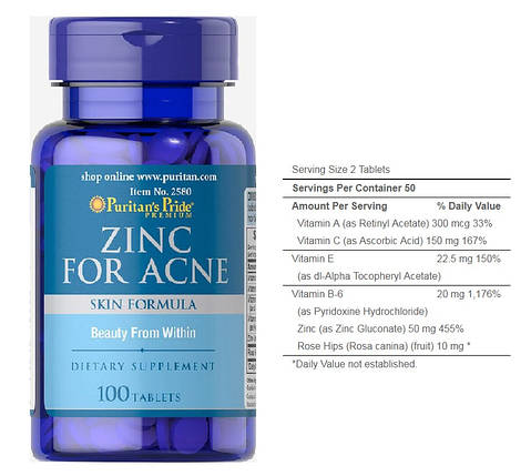 Цинк+акне Puritan's Pride Zinc for Acne 100 капс., фото 2