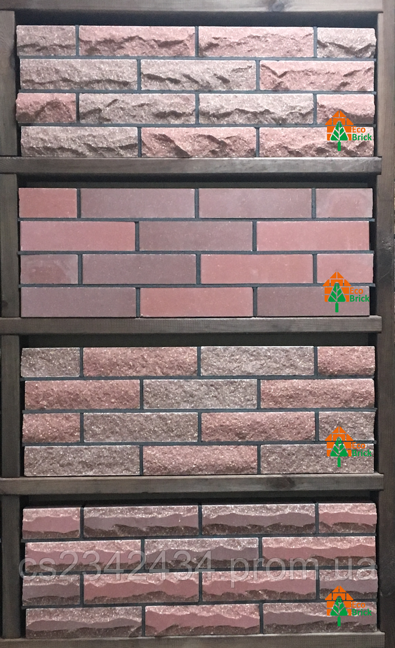 Цеглин облицювальний ECOBRICK скеля, гладкий, мармуровий, промінь червоний, бордо