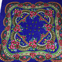 Жіноча головна хустка тепла з рожевими квітами на синьому, 75х75 см