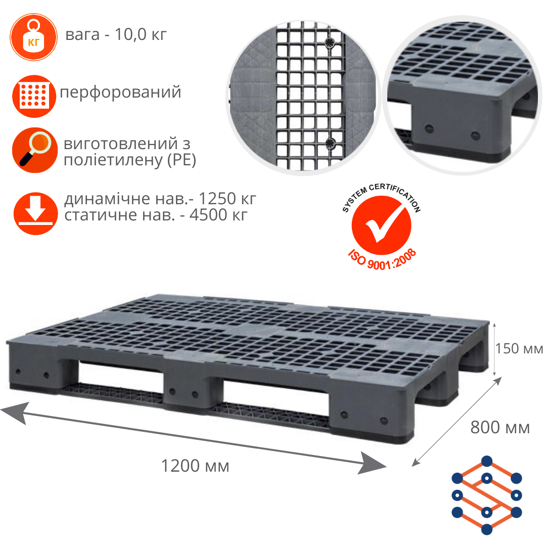 Пластикові піддони SPK8012015A перфорований сірий 1200х800х150 мм