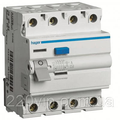 ПЗВ HAGER чотириполюсне 4P, 40A, 30 mA, CD440J, Хагер диференціальне реле, пристрій захисного вимкнення, фото 1