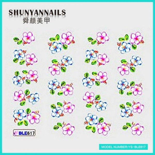 Слайдер дизайн для нігтів Малинові і блакитні квіти