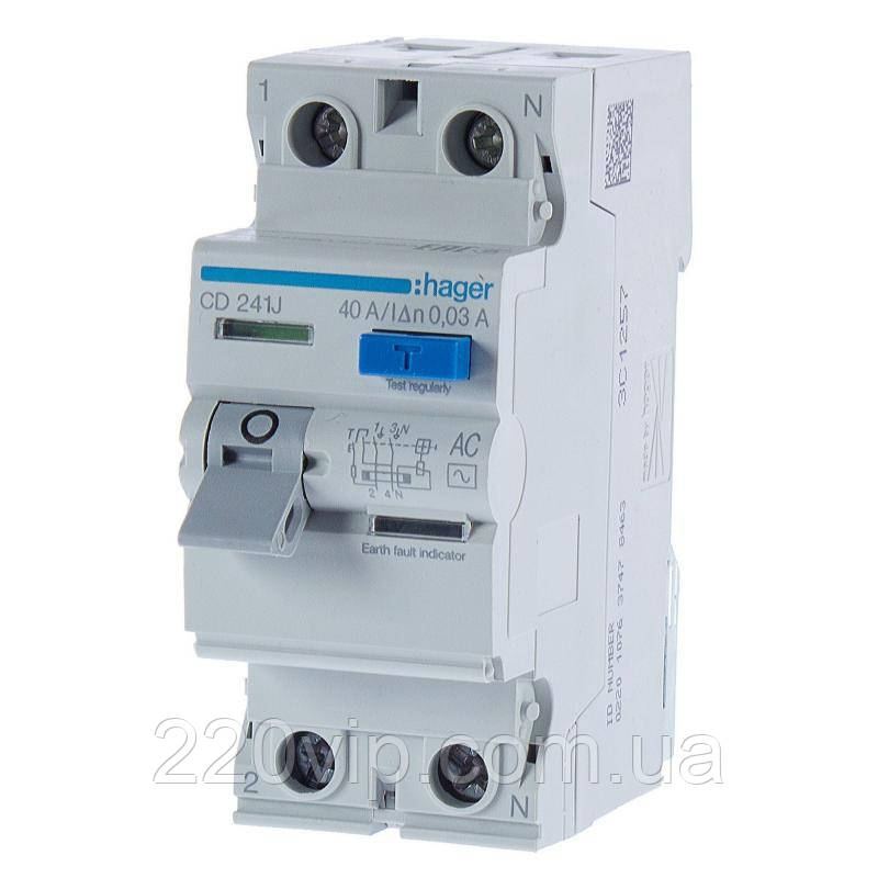 ПЗВ HAGER двополюсне 2P, 25A, 30 mA, CD226J, Хагер диференціальне реле, пристрій захисного вимкнення, фото 1