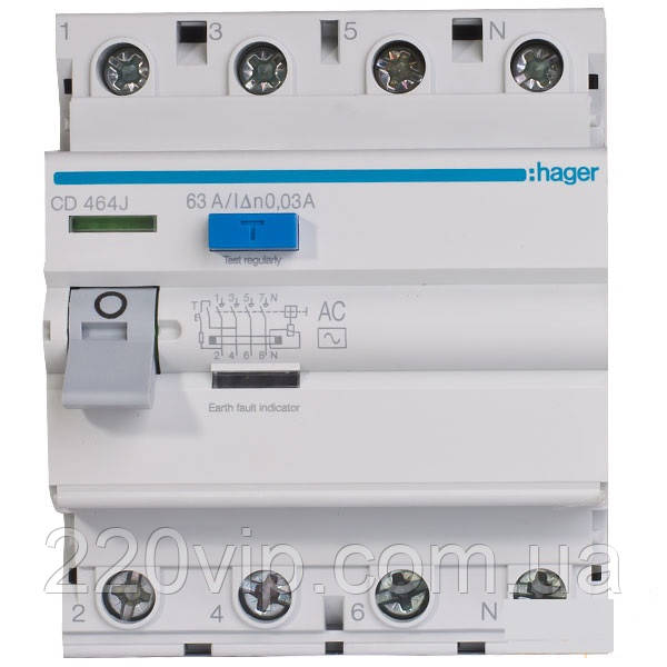 ПЗВ HAGER чотириполюсне 4P, 40A, 30 mA, CD441J, Хагер диференціальне реле, пристрій захисного вимкнення, фото 1