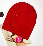 Жіноча шапочка з ангори оздоблена дрібними каменями рожева, коричнева, фото 3