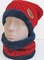 Комплект зимовий теплий, шапка + шарф (хомут), з начосом, бордовий