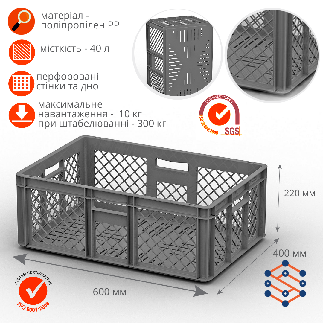 Євроконтейнер пластиковий 600x400x220 мм Перфорований