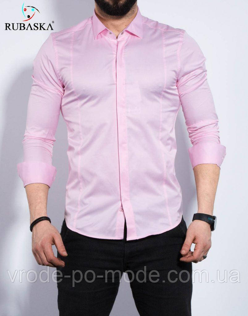 Рожева світла чоловіча сорочка з довгим рукавом і класичним коміром, на потайних ґудзиках, бавовняна гарної якості
