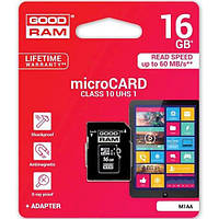 Картка пам'яті micro SDHC 16Gb GoodRam UHS-I (M1AA-0160R11), Class 10 (C10), адаптер