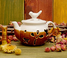 Аромалампа керамічна "Чайник із пташкою" 14*8,5*10 см. Білий + коричневий
