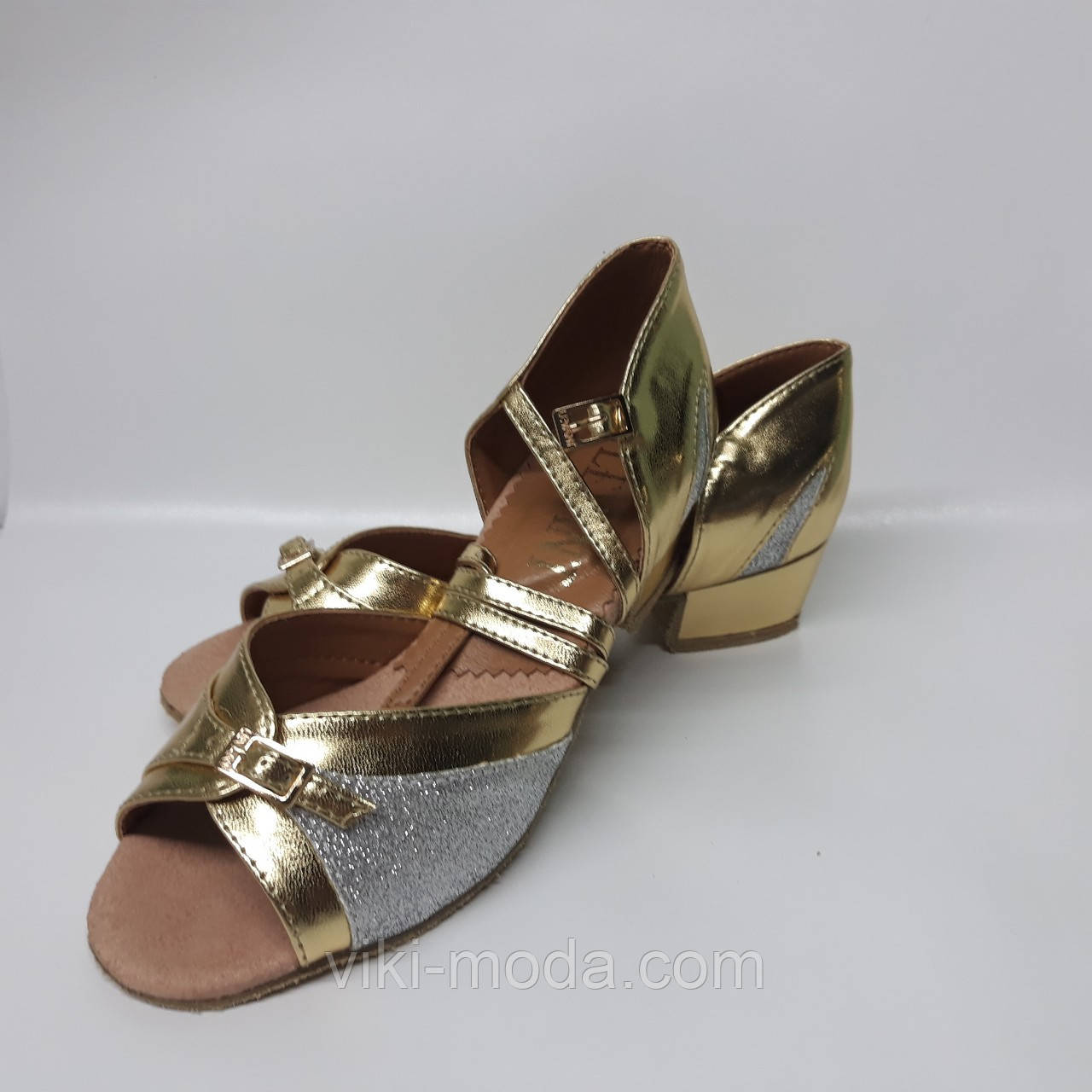 Туфлі для танців блок-каблук, Вікторія (золото + срібло з напиленням)