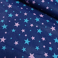 Тканина з рожевими та блакитними зірками на синьому тлі, ширина 160 см