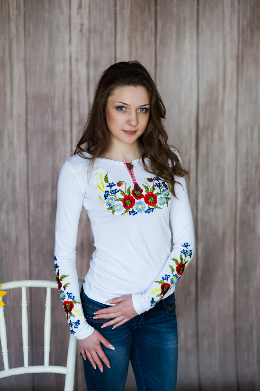 Женская вышиванка с длинным рукавом белого цвета «Венок с колосками» - фото 1 - id-p76608671