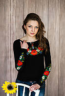 Стильная черная женская футболка с длинным рукавом с богатой вышивкой цветами «Украинская краски» 3XL