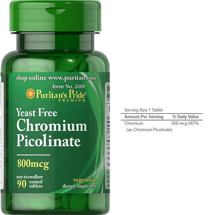 Піколінат хрому Puritan's Pride Chromium Picolinate 800 mcg Yeast Free 90 таб., фото 3