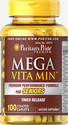 Вітаміни для чоловіків 50+ Puritan's Pride Mega Vita Min™ for Seniors 100 капс. (уцінка термін по 2.23), фото 2