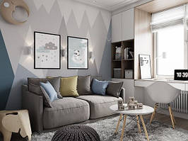 Дитяча кімната з вбудованими шафами та столом під вікном D-012