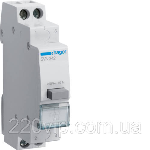Вимикач кнопковий Hager SVN342, 16 А, 230 В, 2 НЗ, Хагер модульний, фото 1