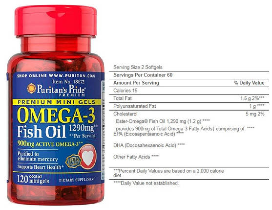 Омега-3 Puritan's Pride Omega-3 Fish Oil 645 mg Mini Gels 120 капс., фото 3