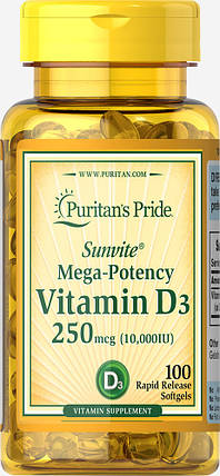 Вітамін Д-3 Puritan's Pride Vitamin D3 10 000 IU 100 капс., фото 2