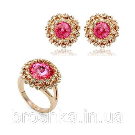 Позолочений комплект ювелірної біжутерії з рожевими Swarovski, комплект кільце та сережки, фото 2
