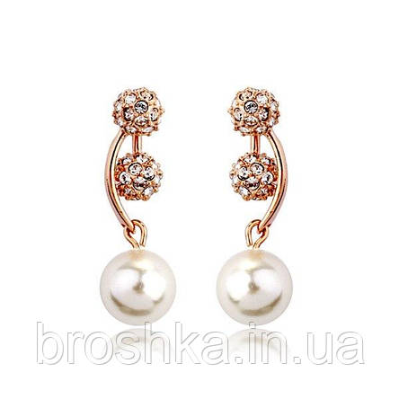 Позолочені сережки біжутерія з перлинами та камінням Swarovski, фото 2