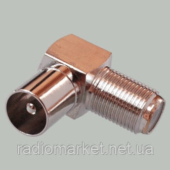 Перехідник штекер TV- гніздечко F, кутовий, латунь, фото 1