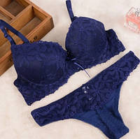 Синій комплект нижньої білизни 75B, трусики 44 розмір, 85% поліестер, 15% спандекс