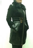 Плащ кожаный натуральный женский черный на молнии с меховым воротником 54