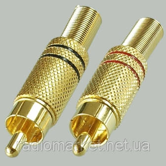 Штекер RCA під кабель із пружиною gold, діам.- 6,5 мм, корпус метал , фото 1