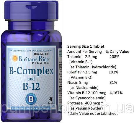 Вітамін В комплекс з В12 Puritan's Pride Vitamin B-Complex with B-12 90 таб., фото 2