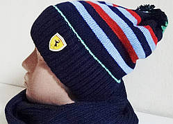 Комплект (шапка + снуд) на флісі, шапка та шарф зима синій Україна, з помпоном