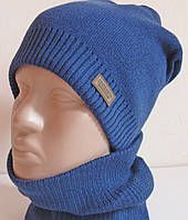 Комплект (шапка + хомут) на флісі, шапка та шарф зима світло-синій Україна