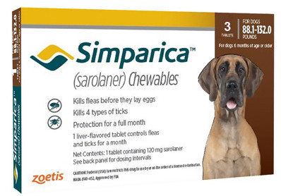 Simparica 120 мг ОРІГИНАЛ Симпарика таблетки від бліх і кліщів для собак вагою від 40 до 60 кг (3 шт.)