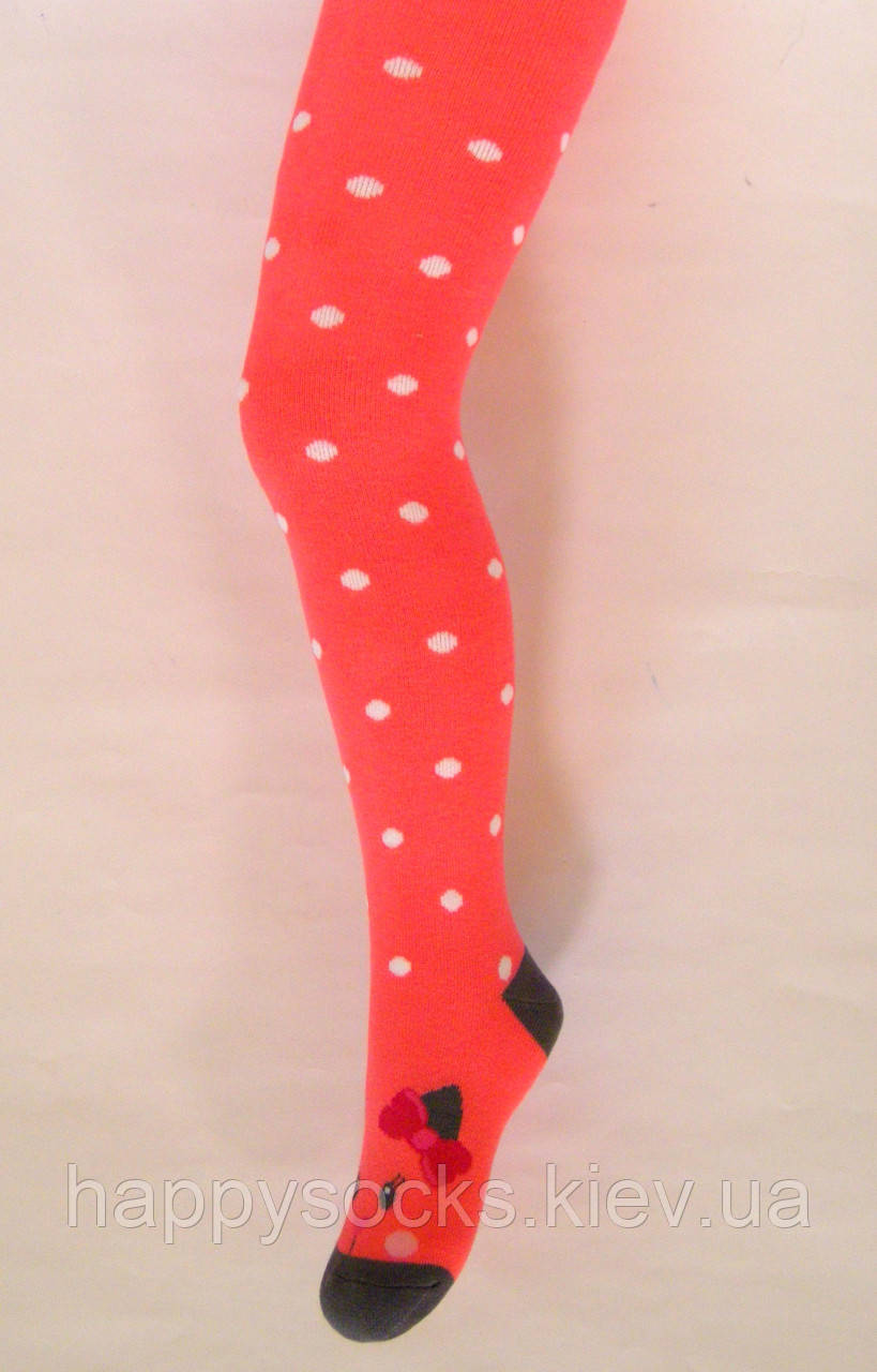 Махрові дитячі колготки коралового кольору в горошок, фото 1